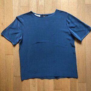 Vintage Womens 100% Silk Solid Blue Short Sleeve Tess Blouse Size Small